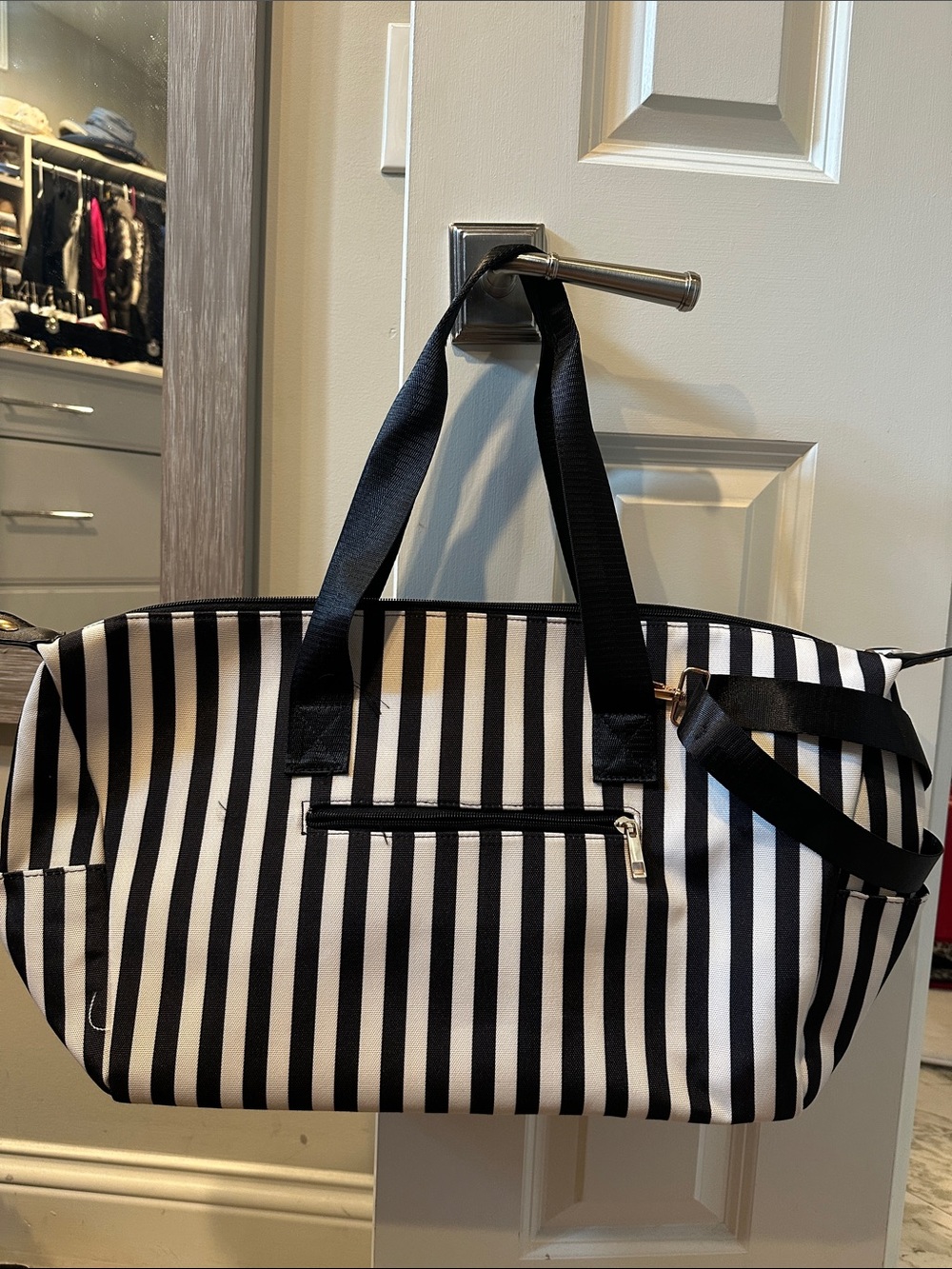Alice + Olivia Black and White Striped Weekend Duffel